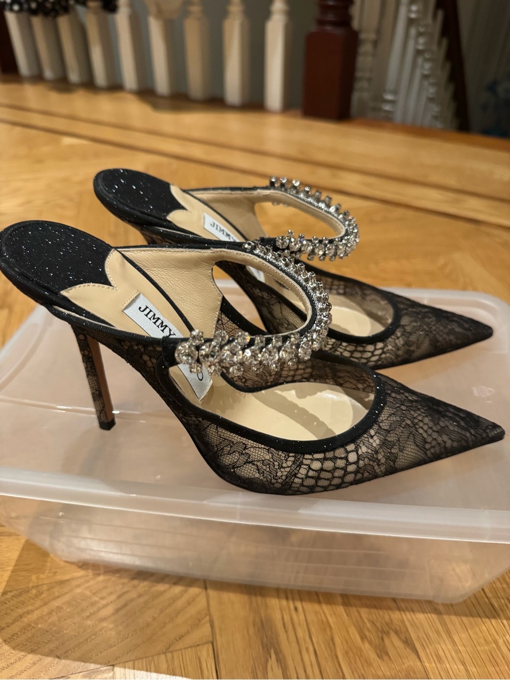 Jimmy Choo Bing 65 Black Lace Heels with Glitter Strap, Size 8, Never Worn - Picture 4 of 6